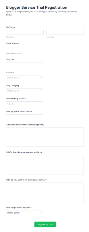 Blogger Service Trial Registration Form Template