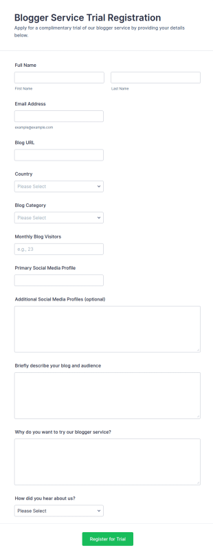 Blogger Service Trial Registration Form Template