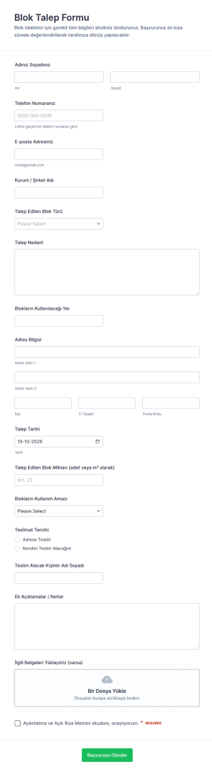 Blok Talep Form Şablonu