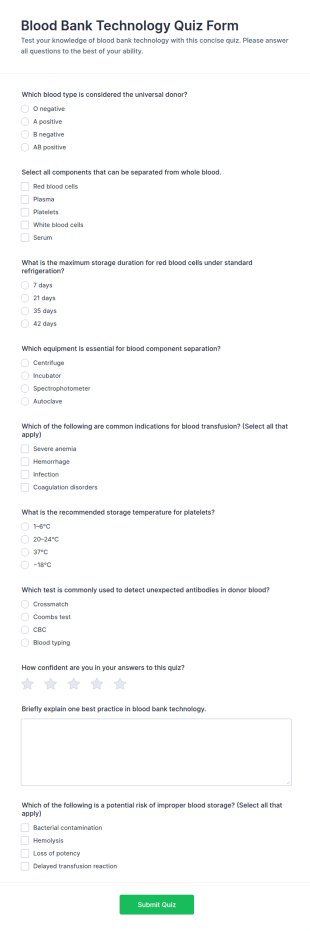 Blood Bank Technology Quiz Form Template