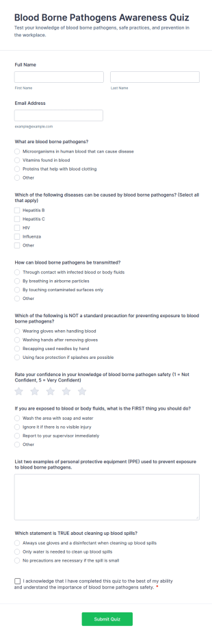 Blood Borne Pathogens Awareness Quiz Form Template