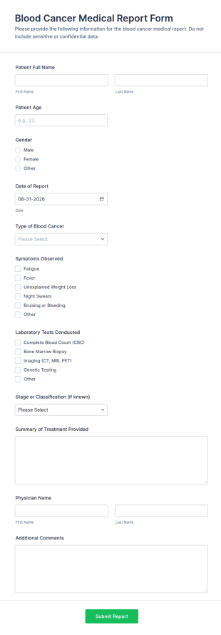 Blood Cancer Medical Report Form Template