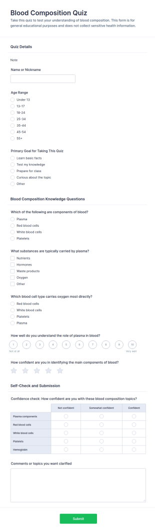 Blood Composition Quiz Form Template