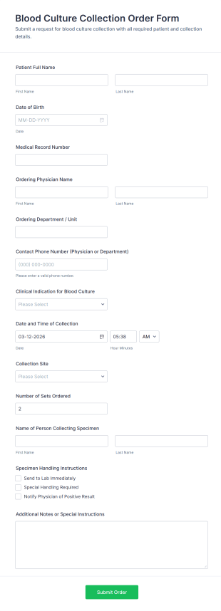 Blood Culture Collection Order Form Template