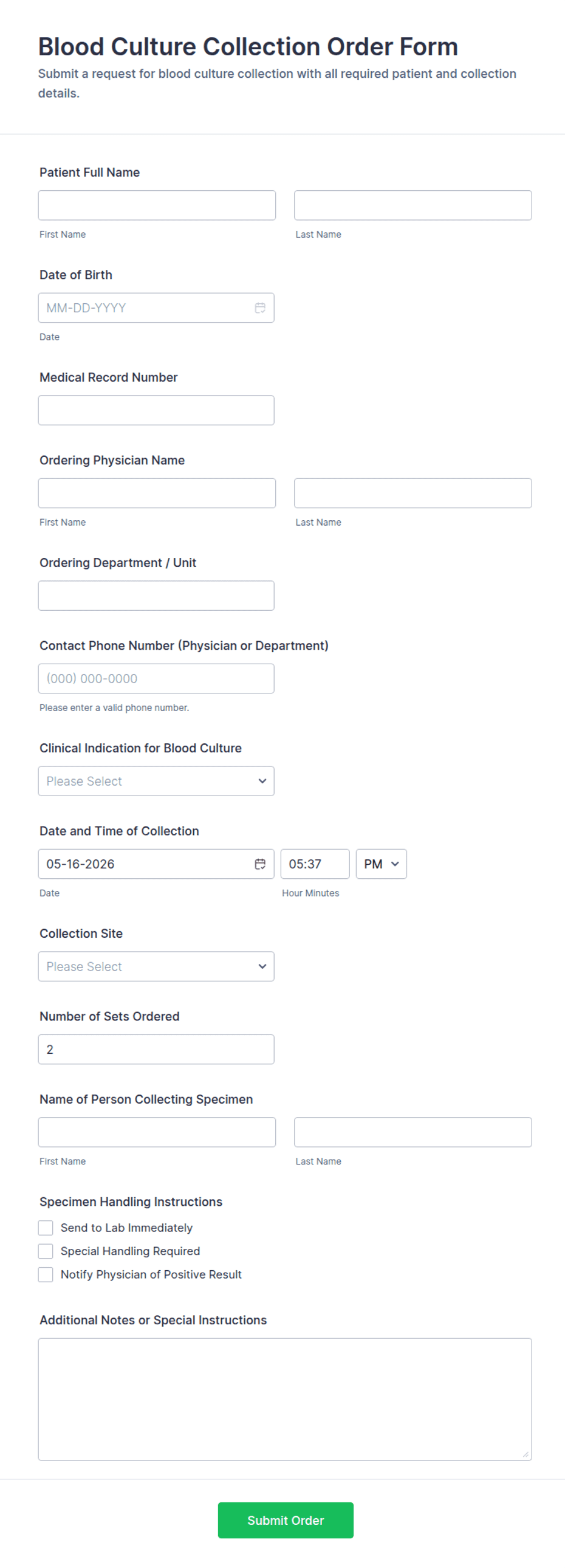 Blood Sample Collection Template Blood Culture Collection Order Form Template | Jotform