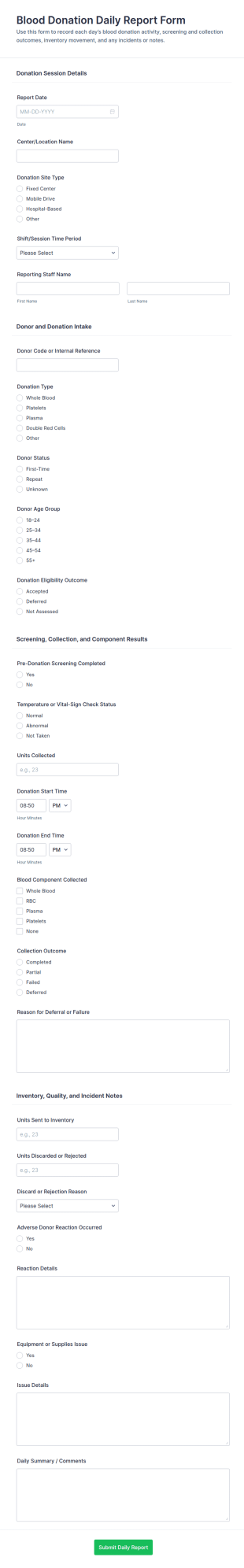 Blood Donation Daily Report Form Template
