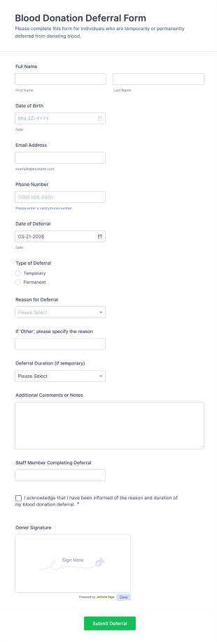 Blood Donation Deferral Form Template