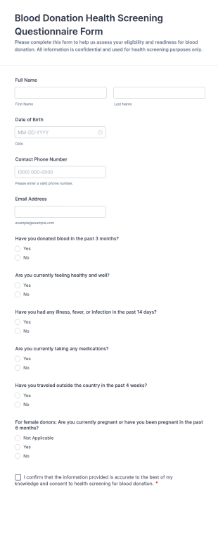 Blood Donation Health Screening Questionnaire Form Template