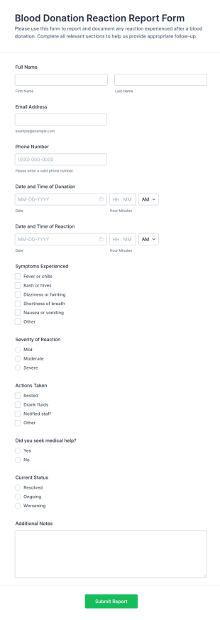 Blood Donation Reaction Report Form Template
