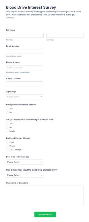 Blood Drive Interest Survey Form Template
