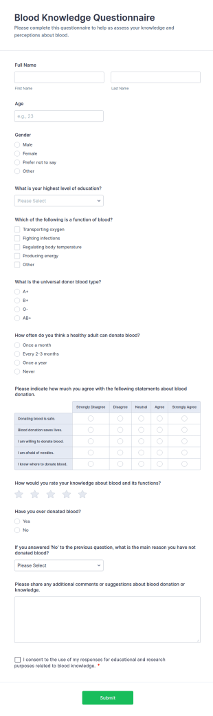 Blood Knowledge Questionnaire Form Template