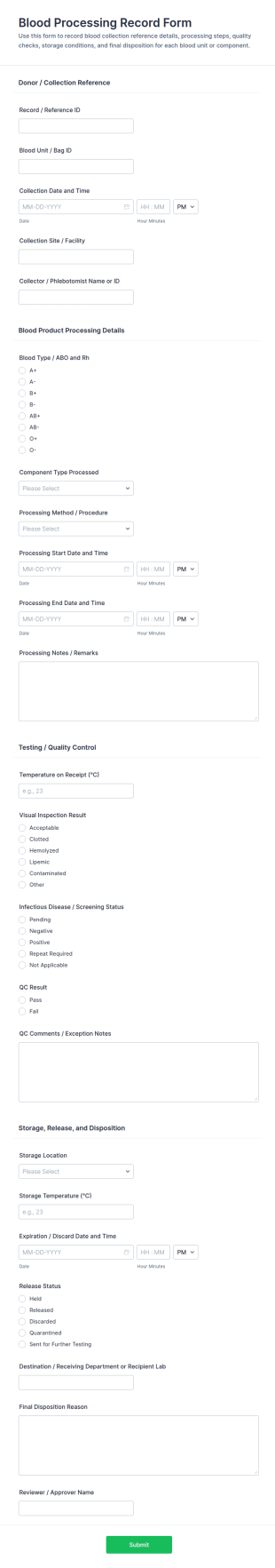 Blood Processing Record Form Template