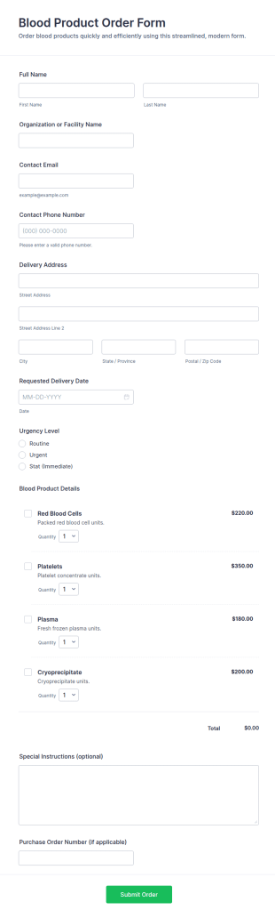 Blood Product Order Form Template