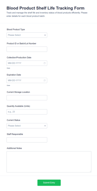 Blood Product Shelf Life Tracking Form Template