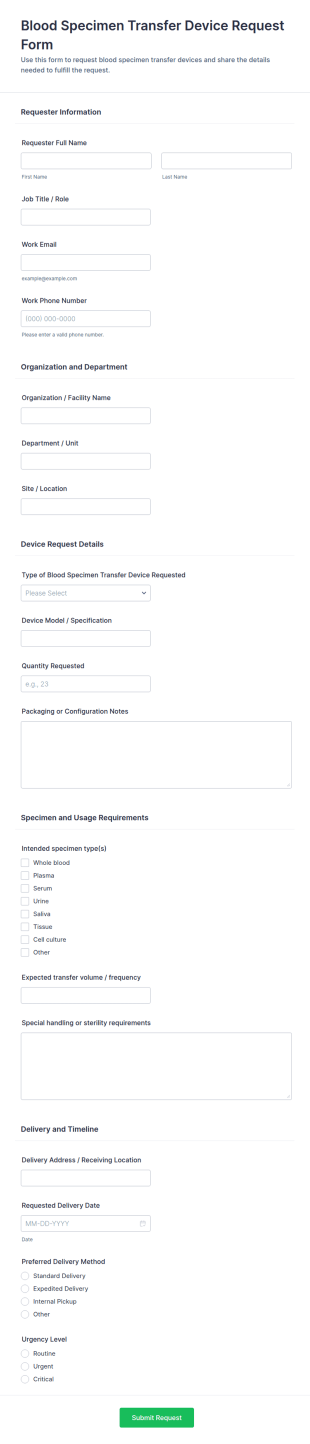 Blood Specimen Transfer Device Request Form Template