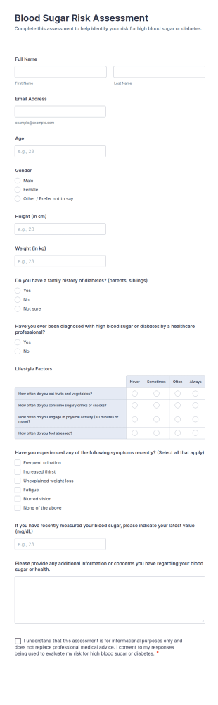 Blood Sugar Risk Assessment Form Template