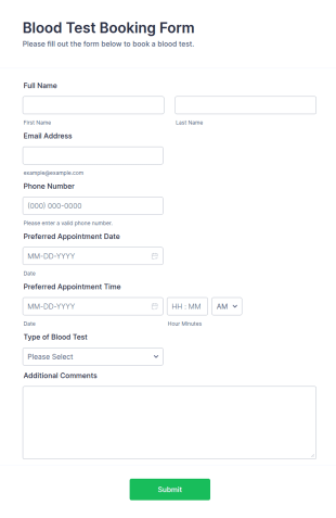 Blood Test Booking Form Template