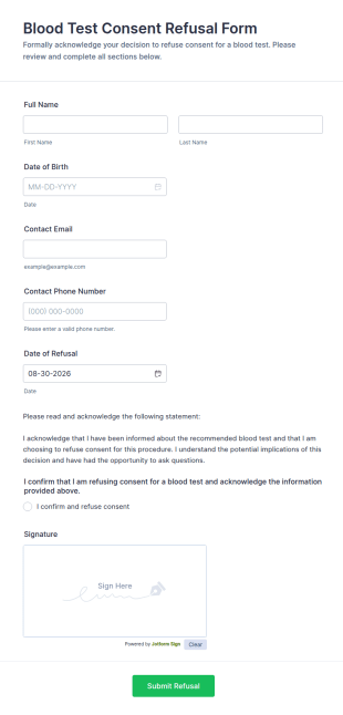 Blood Test Consent Refusal Form Template