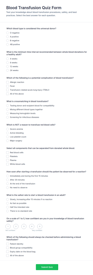 Blood Transfusion Quiz Form Template
