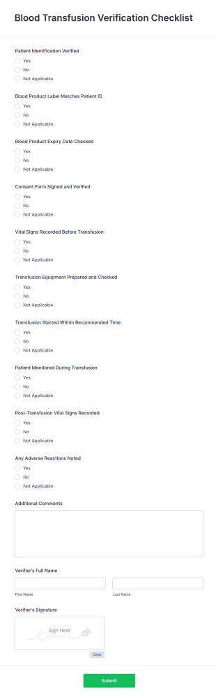 Blood Transfusion Verification Checklist Form Template