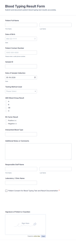 Blood Typing Result Form Template