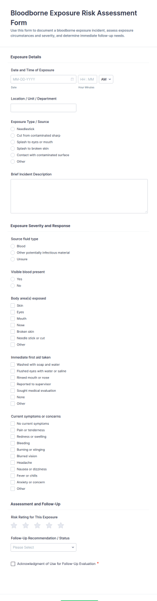 Bloodborne Exposure Risk Assessment Form Template