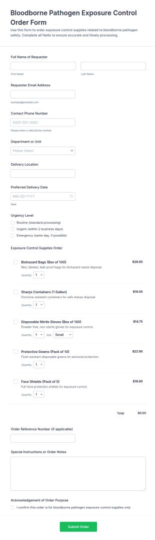 Bloodborne Pathogen Exposure Control Order Form Template