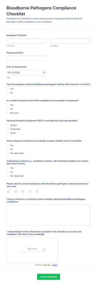 Bloodborne Pathogens Compliance Checklist Form Template