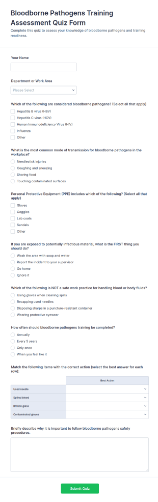 Bloodborne Pathogens Training Assessment Quiz Form Template