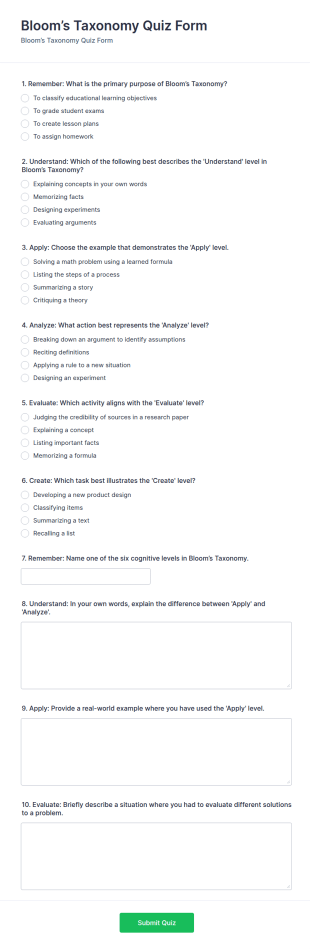 Bloom’s Taxonomy Quiz Form Template