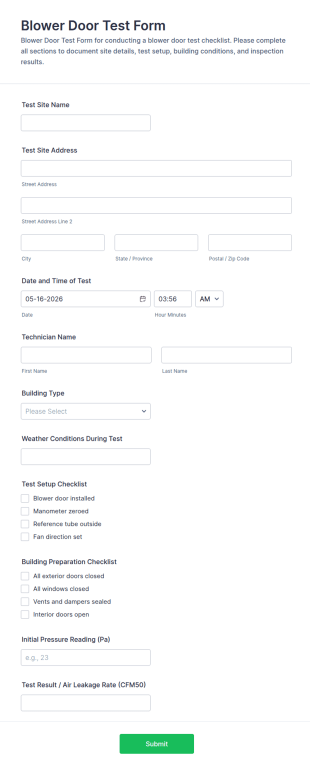 Blower Door Test Checklist Form Template