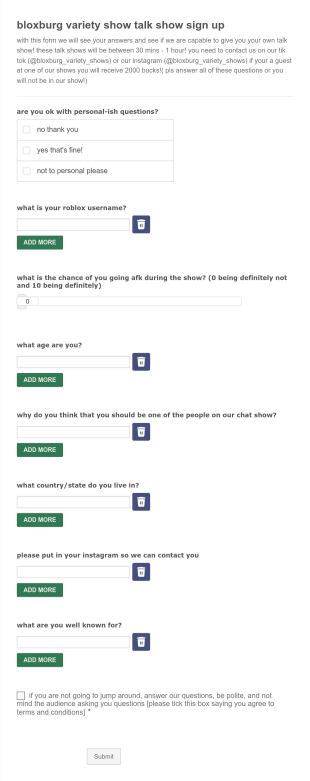 Bloxburg Variety Show Talk Show Sign Up Form Template