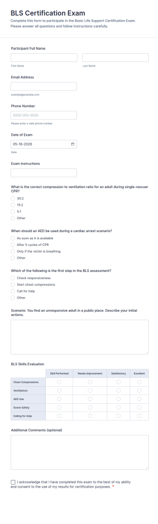 BLS Certification Exam Form Template