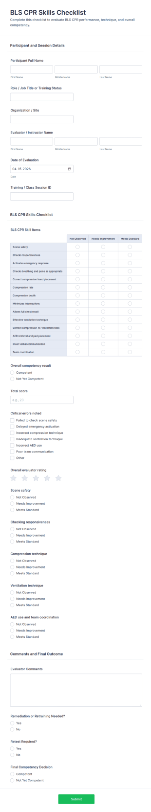 BLS CPR Skills Checklist Form Template
