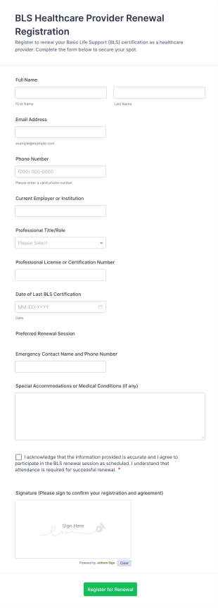 BLS Healthcare Provider Renewal Registration Form Template