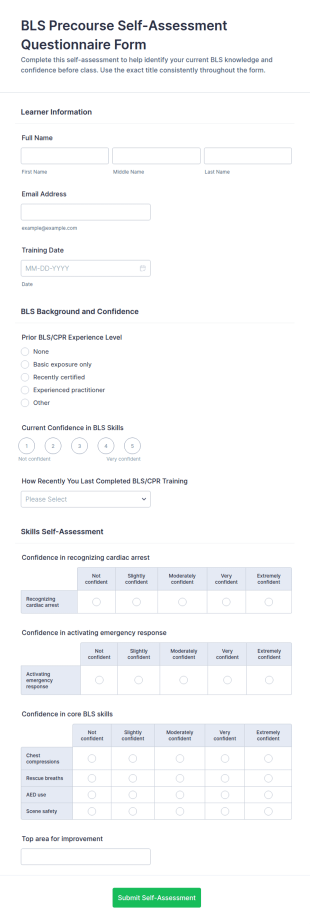 BLS Precourse Self Assessment Questionnaire Form Template