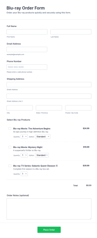 Blu Ray Order Form Template
