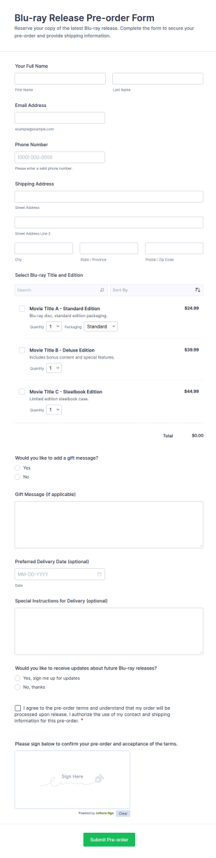 Blu Ray Release Pre Order Form Template