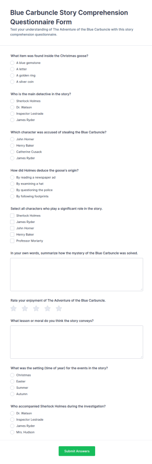 Blue Carbuncle Story Comprehension Questionnaire Form Template