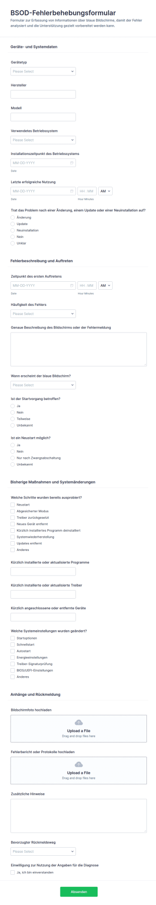 Bluescreen Fehlerbehebung Formular