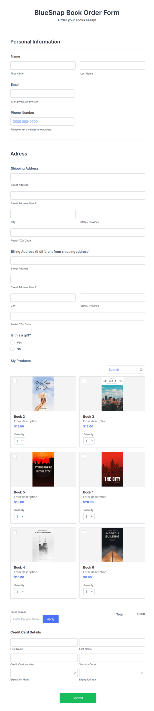 BlueSnap Book Order Form Template