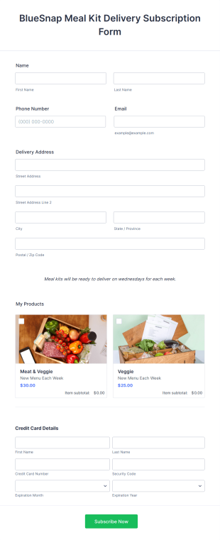 BlueSnap Meal Kit Delivery Subscription Form Template