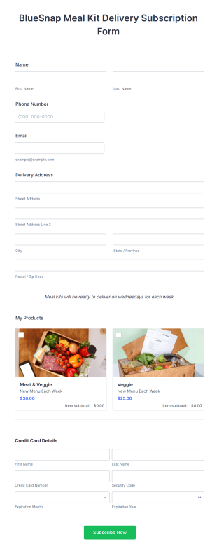 BlueSnap Meal Kit Delivery Subscription Form Template
