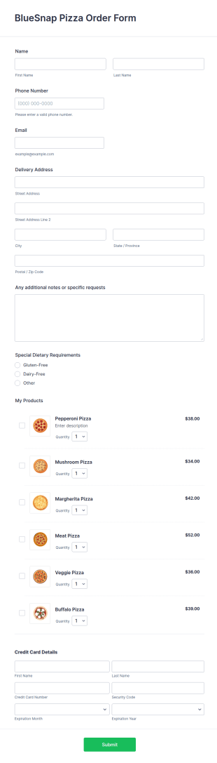 BlueSnap Pizza Order Form Template