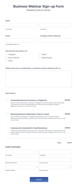 BlueSnap Webinar Sign Up Form Template