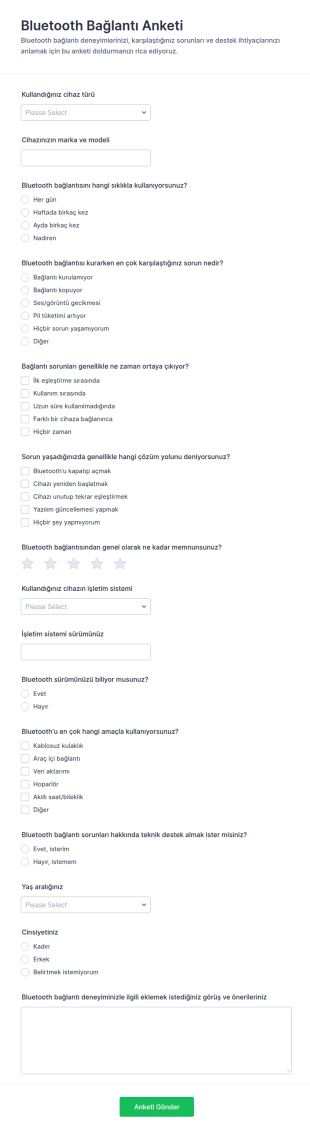 Bluetooth Bağlantı Anketi Form Şablonu