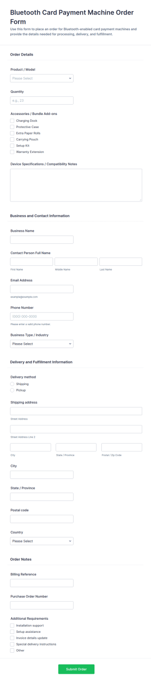 Bluetooth Card Payment Machine Order Form Template