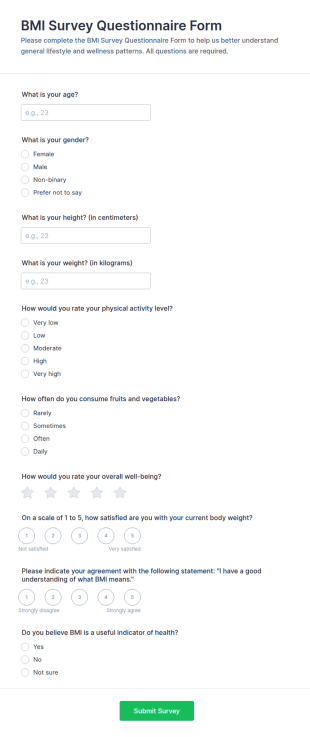 BMI Survey Questionnaire Form Template