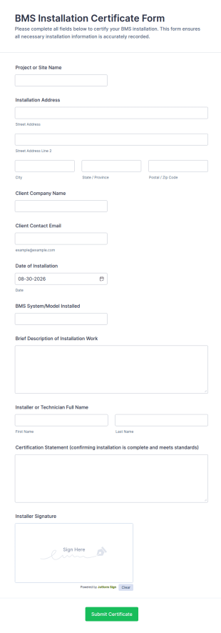 BMS Installation Certificate Form Template