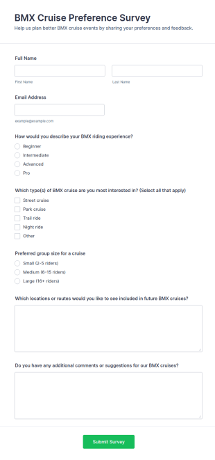 BMX Cruise Preference Survey Form Template